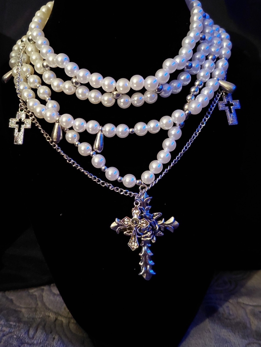 Layered White Pearl & Silver Cross Necklace - Women's Fashion Jewelry